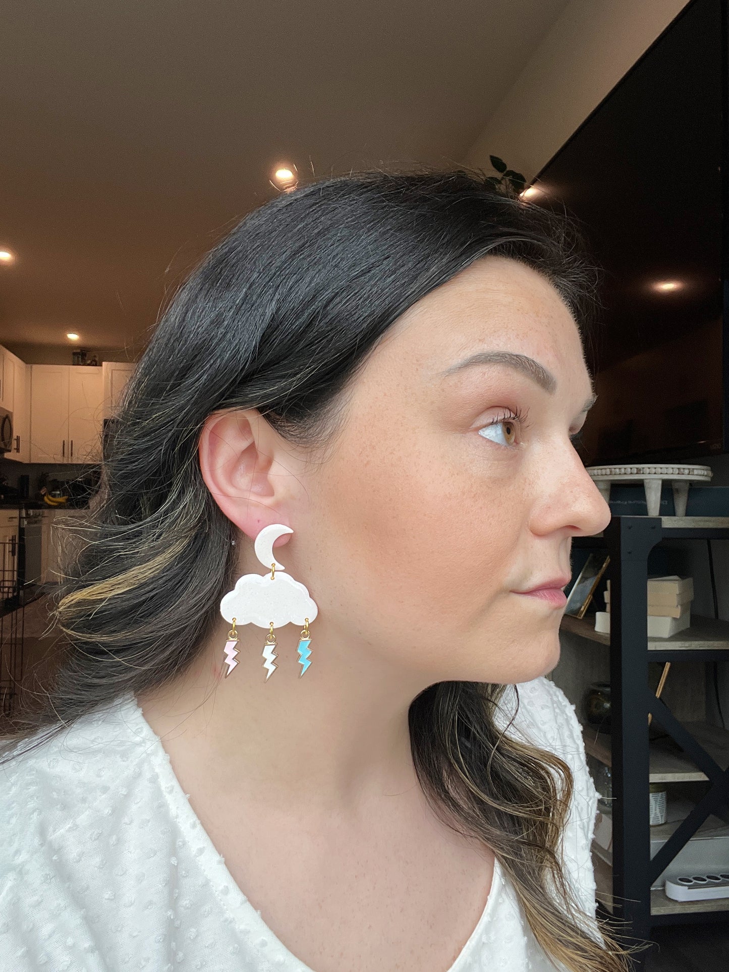 Moon and Cloud Earrings with Lightening Bolt Charms (pink, white, blue)