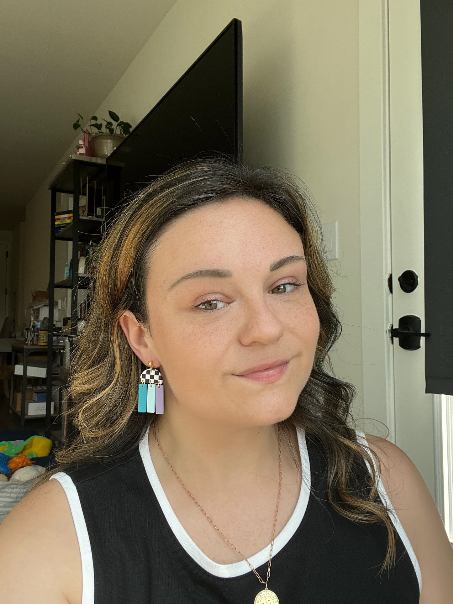 Checkered Half-Circle Earrings w/ Rainbow Rectangles Dangles