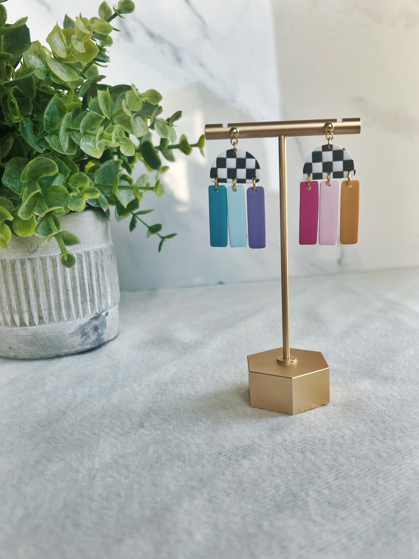 Checkered Half-Circle Earrings w/ Rainbow Rectangles Dangles