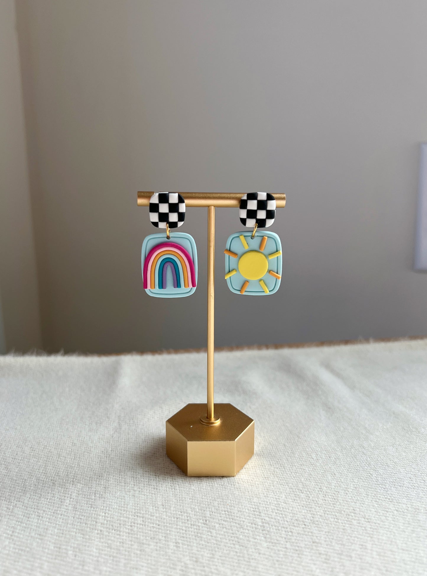 Rainbow and Sun Checkered Studs