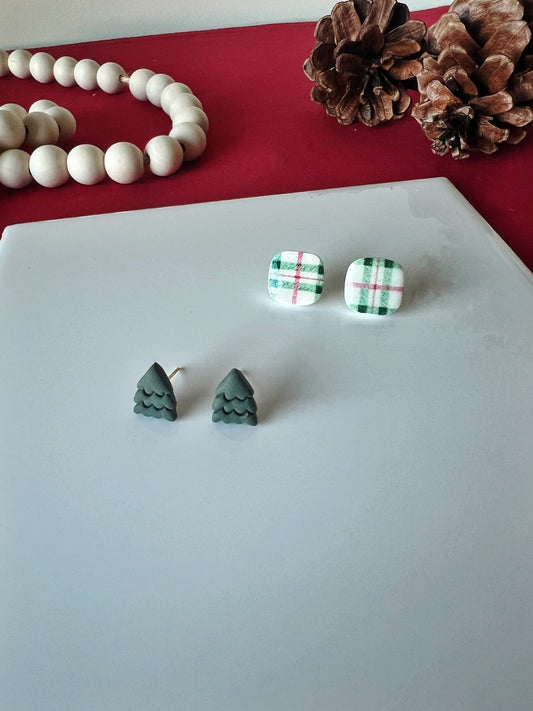 Tree and Plaid Square Studs (Single and 2 pack)