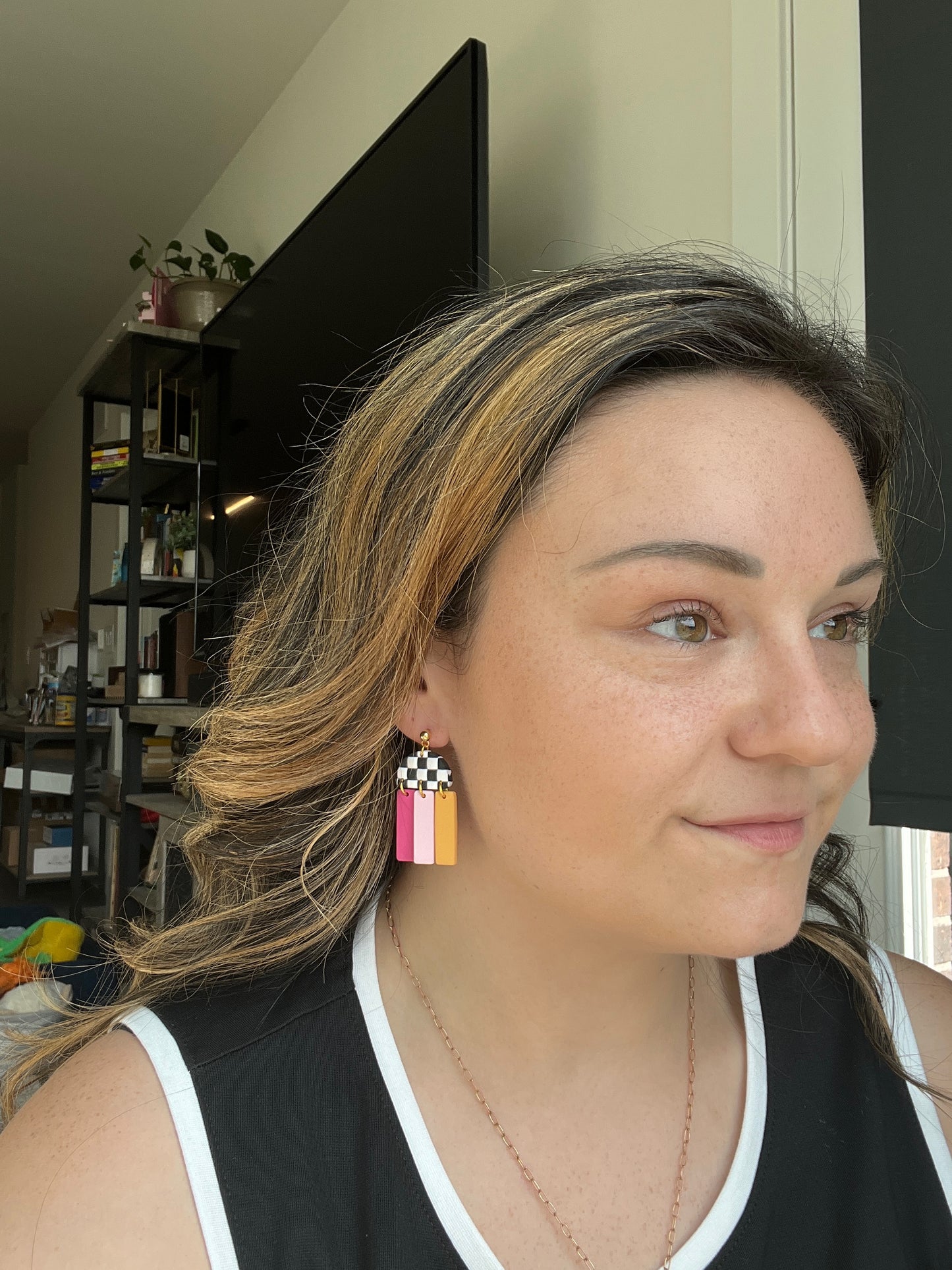 Checkered Half-Circle Earrings w/ Rainbow Rectangles Dangles