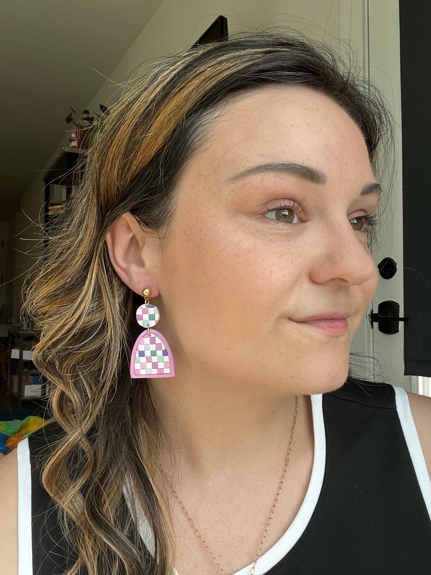 Pastel Checkered Dangle Earrings